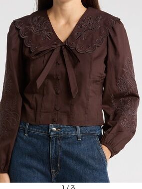 BAGATELLE Brown Richelieu Big Collar Blouse  Shirt Eyelet Embroidered (Farm Rio